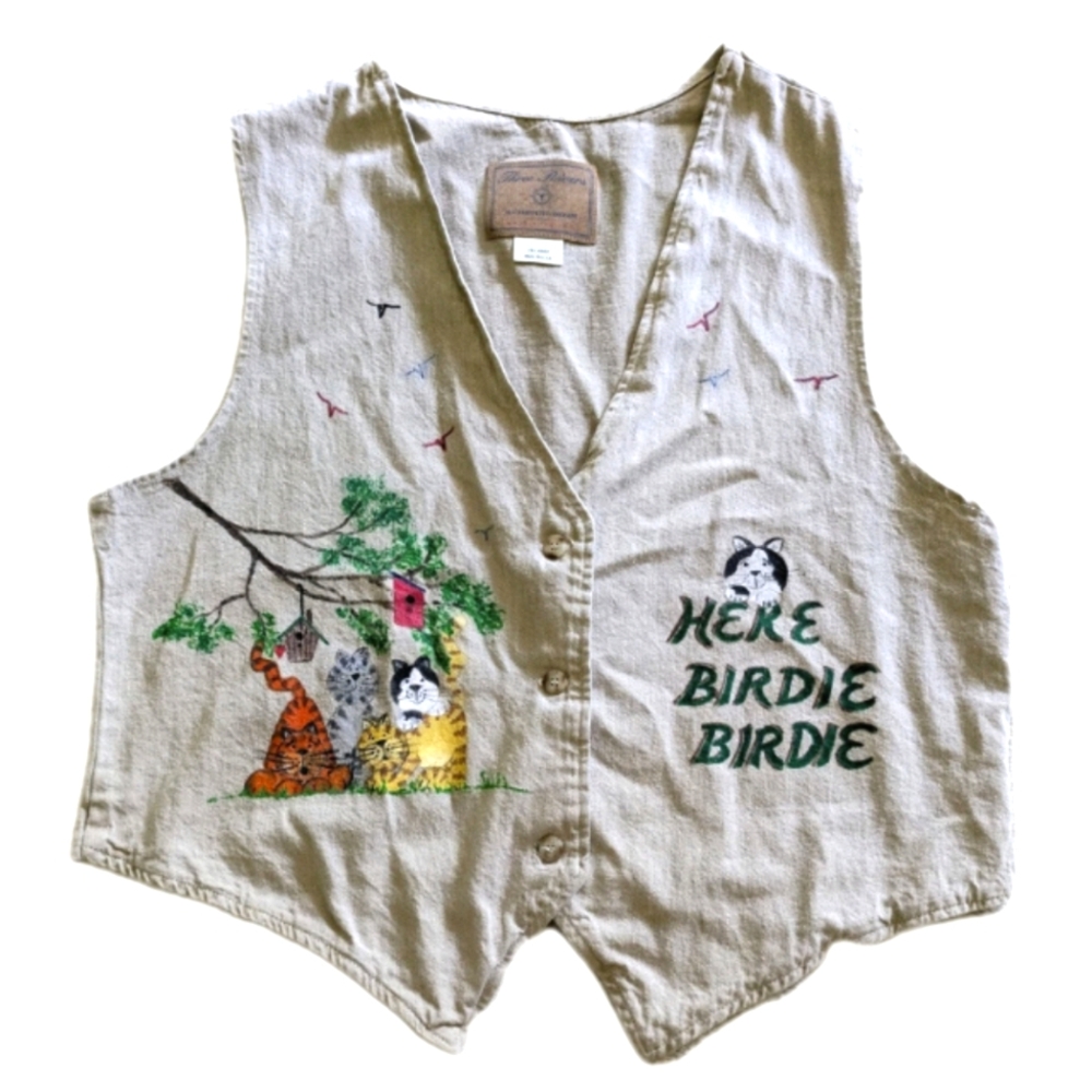 Vintage Three Rivers Denim Vest Womens 2XL Beige Cats‎ Trail Ride Western Kitty